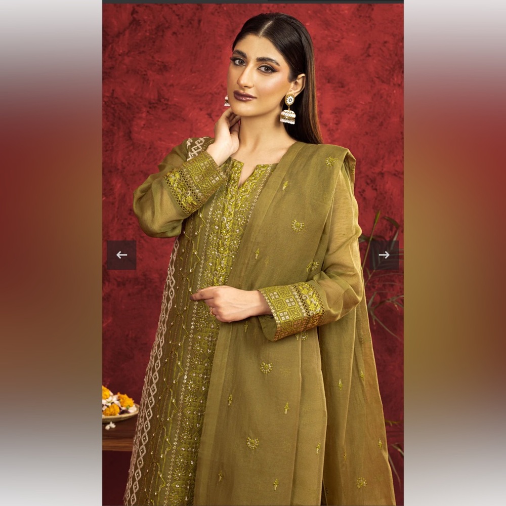 Pakistani floral green 3 piece khaddi net suit